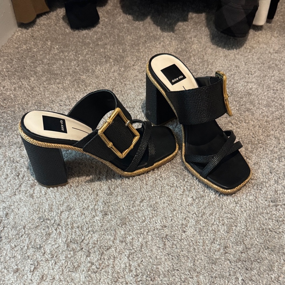 Dolce Vita Black and Gold Buckle Mules